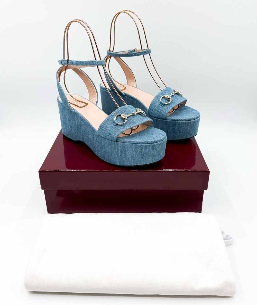 Gucci Lady Horsebit Platform Denim Sandals EU 40.5 US 10.5